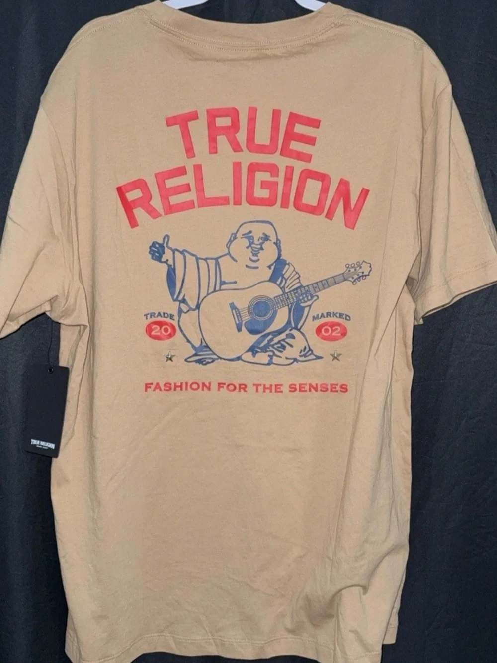 True Religion Tan Short Sleeve Tee with Red and Blue Graphic